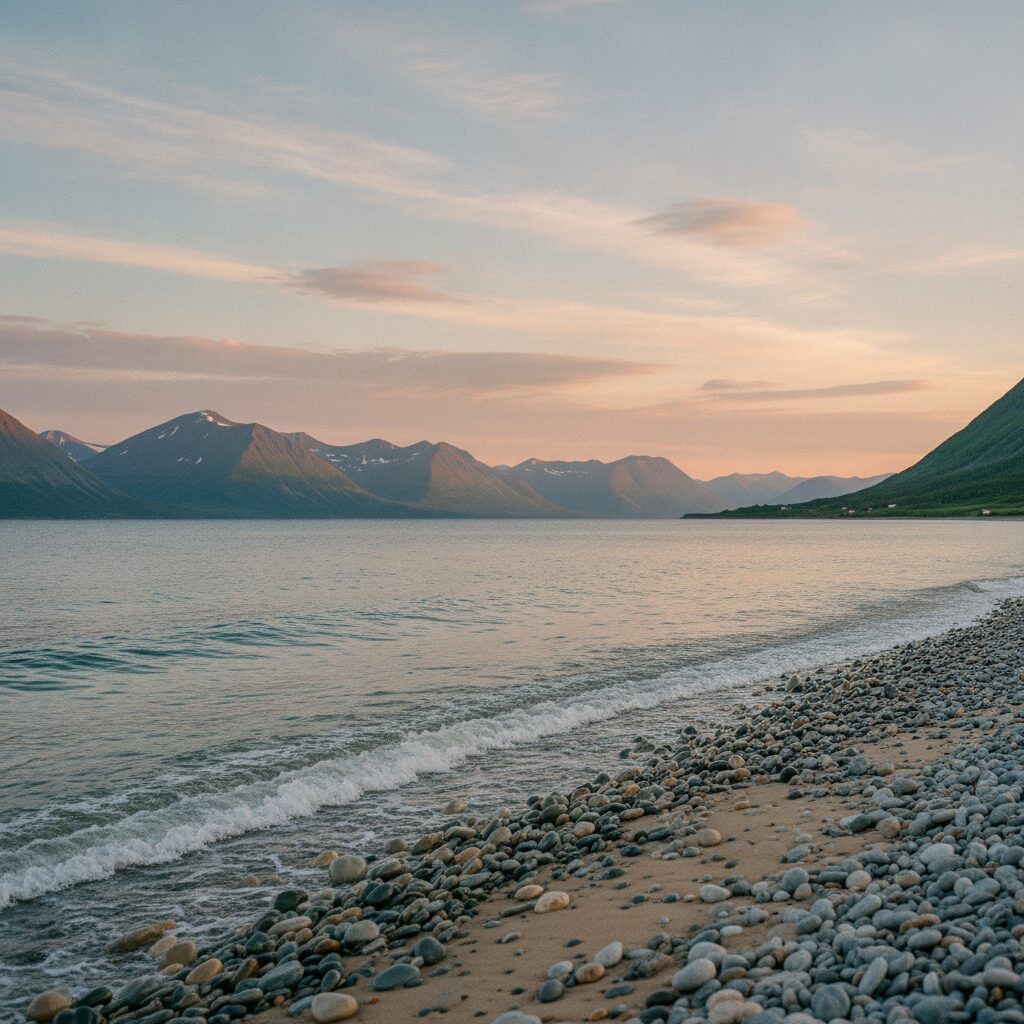 Rolig arktisk strandlinje i gyllent kveldslys med fjell i det fjerne