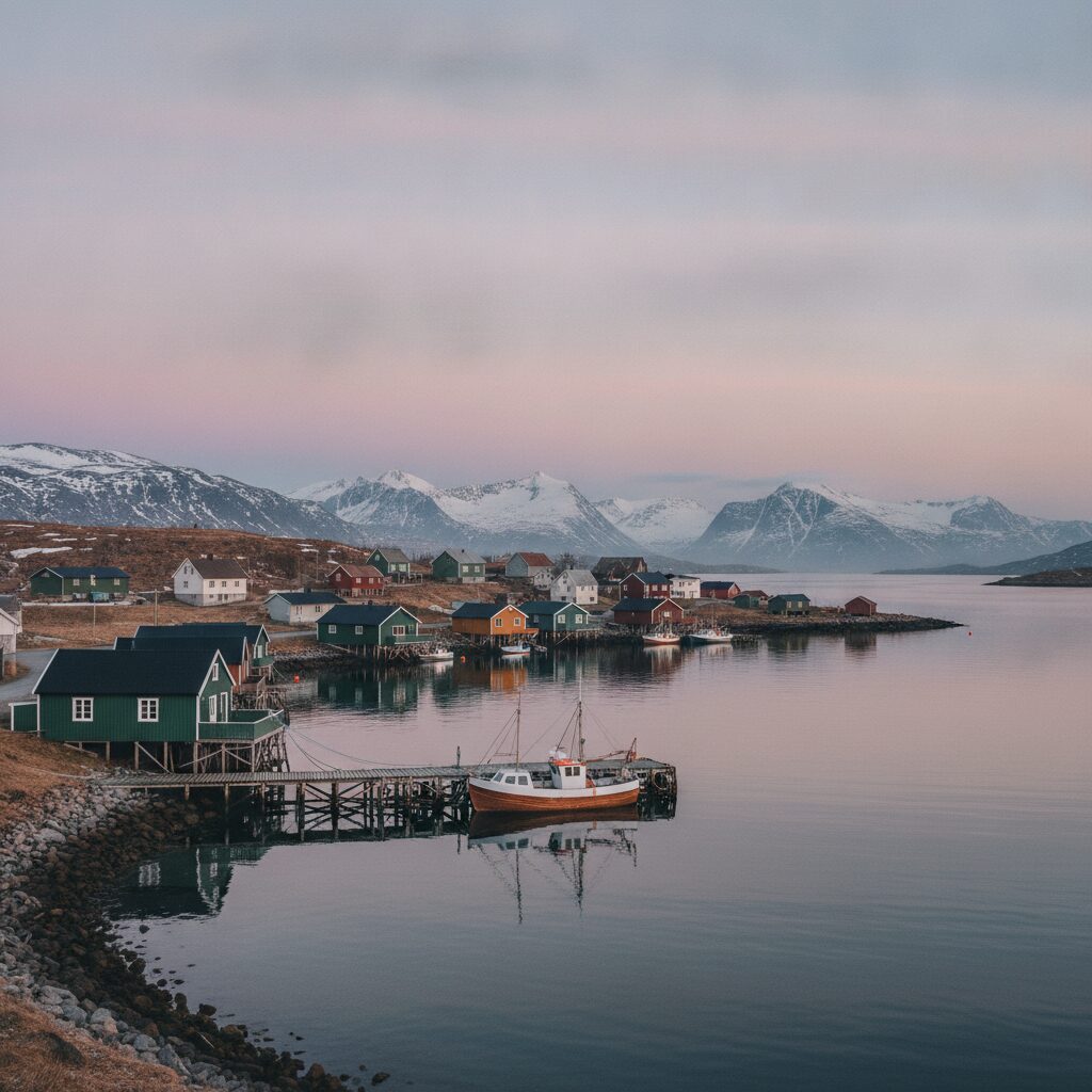 Lite kystsamfunn ved en fjord i Nord-Norge under en rolig himmel