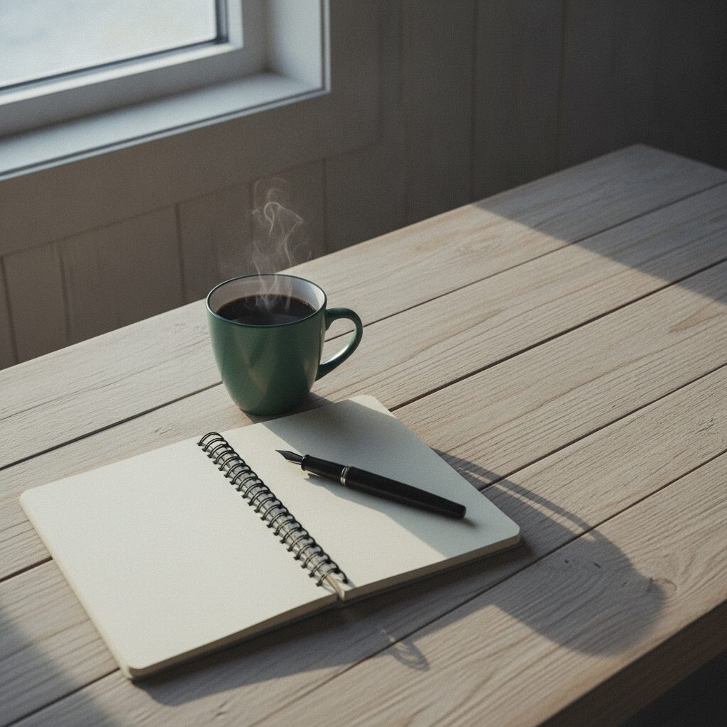 En åpen notatbok og en penn ved siden av en kaffekopp på et rolig trebord